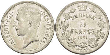 БЕЛЬГИЯ 5 ФРАНКОВ 1931 АЛЬБЕРТ I, DES BELGES KM 97.1 никель 3851-133
