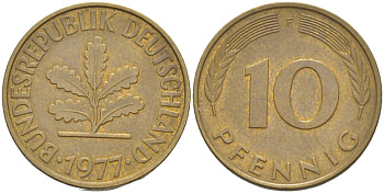 ФРГ 10 ПФЕННИГОВ 1977 F KM 108, J. 383 сталь плакированная латунью 4182-852