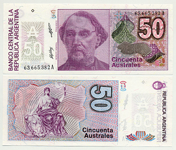 АРГЕНТИНА 50 АУСТРАЛЕЙ 1989 СЕРИЯ А 63665, БАРТОЛОМЕ МИТРЕ, АРГЕНТИНСКИЙ ПОЛИТИК, ПОЛКОВОДЕЦ Pick 326b бумага UNC (ПРЕСС) 6301-12-1