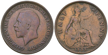 Великобритания 1/2 пенни 1933 Георг V (1910-1936) KM 837, Spink 4058 бронза 4163-1033