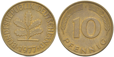 ФРГ 10 ПФЕННИГОВ 1977 F KM 108, J. 383 сталь плакированная латунью 4182-852