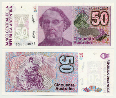 АРГЕНТИНА 50 АУСТРАЛЕЙ 1989 СЕРИЯ А 63665, БАРТОЛОМЕ МИТРЕ, АРГЕНТИНСКИЙ ПОЛИТИК, ПОЛКОВОДЕЦ Pick 326b бумага UNC (ПРЕСС) 6301-12-1