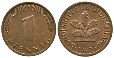 ФРГ 1 ПФЕННИГ 1982 F KM 105, J.380 сталь плакированная медью 179-1027