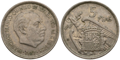 Испания 5 песет 1957 (74) Франсиско Франко (1939-1975) KM 786 медно-никель 186-751
