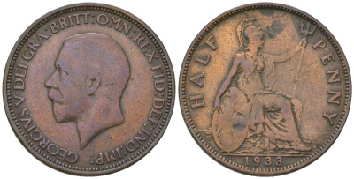 Великобритания 1/2 пенни 1933 Георг V (1910-1936) KM 837, Spink 4058 бронза 4163-1033