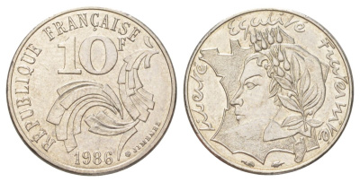 Франция 10 франков 1986 Свобода, Равенство, Братство KM 959 никель UNC 4627-1022