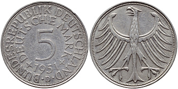 ФРГ 5 марок 1951 D KM 112.1, J.387 серебро 83-1135