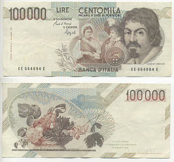 Италия 100000 лир 1983 Караваджо, фруктовый букет, подпись Speziali Pick 110b бумага 7220-23-3