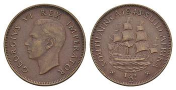 ЮАР 1/2 пенни 1943 KM 24 бронза 4546-617