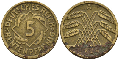 Германия 5 рентенпфеннигов 1924 A KM 32, J. 308 алюминиевая бронза 4151-659