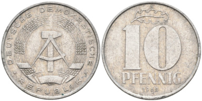 ГДР 10 пфеннигов 1968 А KM 10 алюминий 4571-655