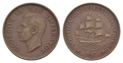 ЮАР 1/2 пенни 1943 KM 24 бронза 4546-617