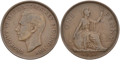 Великобритания 1 пенни 1937 Георг VI (1936-1952) KM 845, Spink 4114 бронза 4117-832