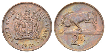 ЮАР 2 цента 1974 герб, антилопа гну KM 83 бронза UNC 4695-1037