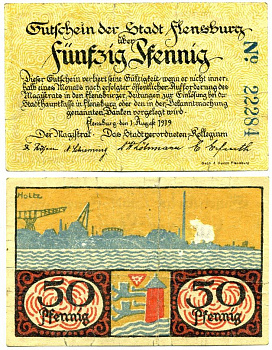 Германия, Фленсбург 50 пфеннигов 1919 земля Шлезвиг-Гольштей, нотгельд Grabowski F7.1  бумага   8614-21-1-2