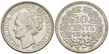 Нидерланды 10 центов 1944 Вильгельмина (1890-1948) KM 163 серебро aUNC 66-1247
