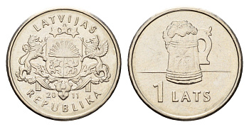 Латвия 1 лат 2011 Пивная кружка KM 119 медно-никель UNC M72-05