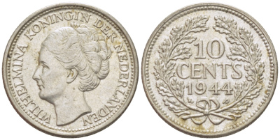 Нидерланды 10 центов 1944 Вильгельмина (1890-1948) KM 163 серебро aUNC 66-1247