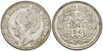 Нидерланды 25 центов 1941 Вильгельмина (1890-1948) KM 164 серебро aUNC 66-1143