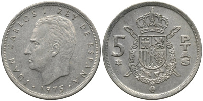 Испания 5 песет 1975 (79) Хуан Карлос I (1975-2014) KM 807 медно-никель 4171-523