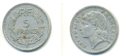 ФРАНЦИЯ 5 ФРАНКОВ 1946 В KM 888b.2 алюминий 80-125