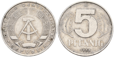 ГДР 5 пфеннигов 1968 А  KM 9.1 алюминий    4115-135