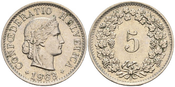 Швейцария 5 раппенов 1968 B KM 26 медно-никель 4608-458