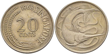 СИНГАПУР 20 ЦЕНТОВ 1968 ГОЛУБОЙ МАРЛИН, ТУНЕЦ KM 4 медно-никель 210-821