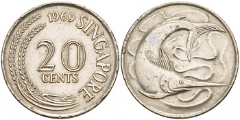СИНГАПУР 20 ЦЕНТОВ 1969 ГОЛУБОЙ МАРЛИН, ТУНЕЦ KM 4 медно-никель 4548-352