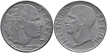 Италия 20 чентезимо 1942 R, Виктор Эммануил III (19200-1946), XX год KM 75b нержавеющая сталь 85-1115