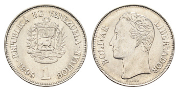 Венесуэла 1 боливар 1990 Симон Боливар Y 52a сталь плакированная никелем UNC 4666-1235
