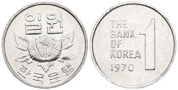 Южная Корея 1 вона 1970 роза шарона KM 4a алюминий  UNC  4151-244