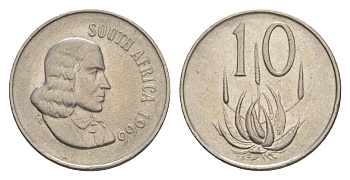 ЮАР 10 центов 1966 1966 Ян ван Рибек (1619-1677), South Africa, легенда на английском, цветок алоэ KM 68.1 никель 4598-969