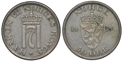 Норвегия 50 эре 1955 Хокон VII (1905-1957) KM 402 медно-никель 4128-1124