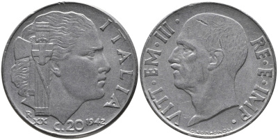 Италия 20 чентезимо 1942 R, Виктор Эммануил III (19200-1946), XX год KM 75b нержавеющая сталь 85-1115