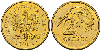 Польша 2 гроша 2004 MW KM 277, Parchimowicz 702k латунь 4580-525