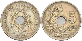 БЕЛЬГИЯ 5 САНТИМОВ 1923 BELGIQUE KM 66 медно-никель 187-957
