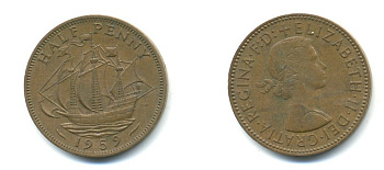 Великобритания 1/2 пенни 1959 Елизавета II (1952-2022) KM 896, Spink 4158 бронза 59-1116