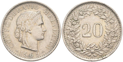 Швейцария 20 раппенов 1969 В KM 29а медно-никель 55-911