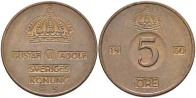 Швеция 5 эре 1960 TS, Густав VI Адольф (1950-1973) KM 822 бронза 4557-813