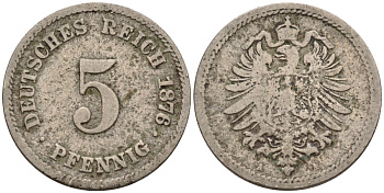 Германия 5 пфеннигов 1876 A, старогербовка KM 3, J. 3 медно-никель 4151-356