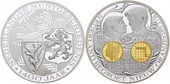 НИДЕРЛАНДЫ МЕДАЛЬ 1400 ЛЕТ НИДЕРЛАНДСКОМУ МОНЕТНОМУ ДЕЛУ, НИДЕРЛАНДСКИЕ МОНЕТЫ НОВОГО ДИЗАЙНА С 2001 ГОДА серебро позолота PROOF 04-136-25