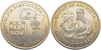 Португалия 200 эскудо 1997 400 лет со дня смерти Хосе де Анчьета KM 699 медно-никель UNC 107-1013