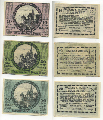 АВСТРИЯ, ВАЧАУ НАБОР ИЗ 3 БАНКНОТ 1920 30 СЕНТЯБРЯ 1920, НОТГЕЛЬД, 10, 20, 50 ГЕЛЛЕРОВ, SPITZ an der DONAU бумага XF 70-4-1