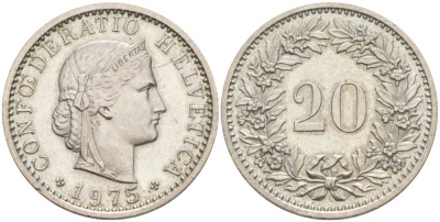 Швейцария 20 раппенов 1975 KM 29a медно-никель 55-944