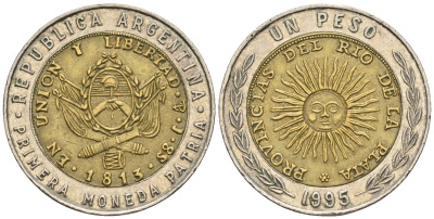 Аргентина 1 песо 1995 C, майское солнце, 8 эскудо 1813, малый герб KM 112.2, CJ 6.2.4, Schon 113 биметалл    60-457