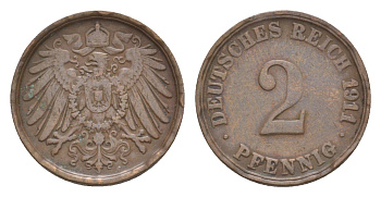 Германия 2 пфеннига 1911 A, Вильгельм II (1888-1918) KM 16, J. 11, Weege 4 медь 4639-1218