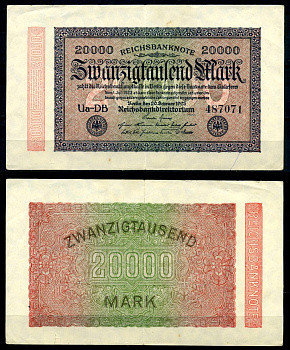 Германия 20000 марок 1923 20 февраля 1923, в/з кружки, номер шестизначный Pick 85, Розенберг 84b бумага 8617-39-1-1