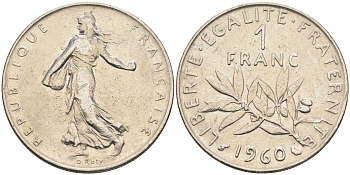 Франция 1 франк 1960 сеятель KM 925.1, LE FRANC 226.4 никель    4177-221