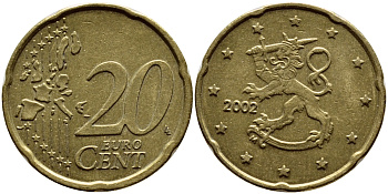 ФИНЛЯНДИЯ 20 ЕВРОЦЕНТОВ 2002 M KM 102 латунь 63-712